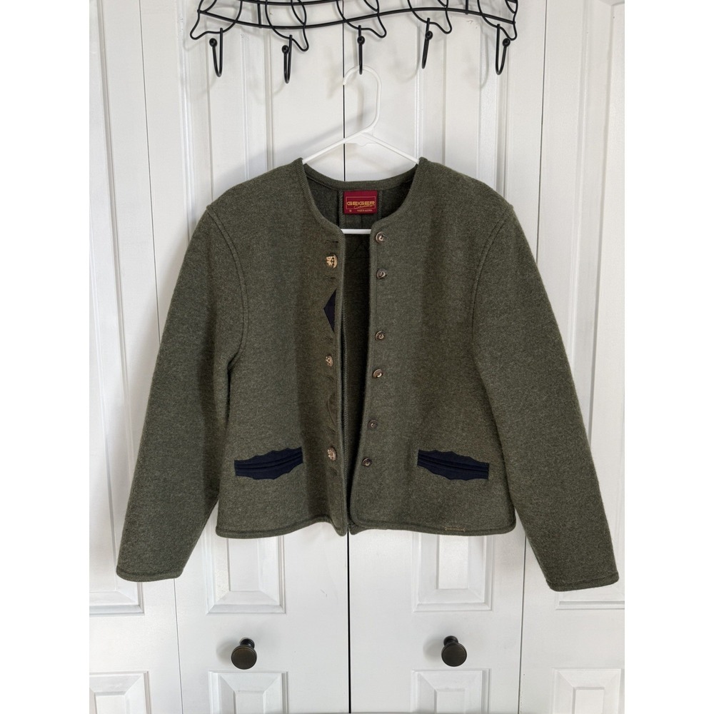 Geiger VTG‎ Green Wool Coat size 39 Buttons Cropped Pleat
